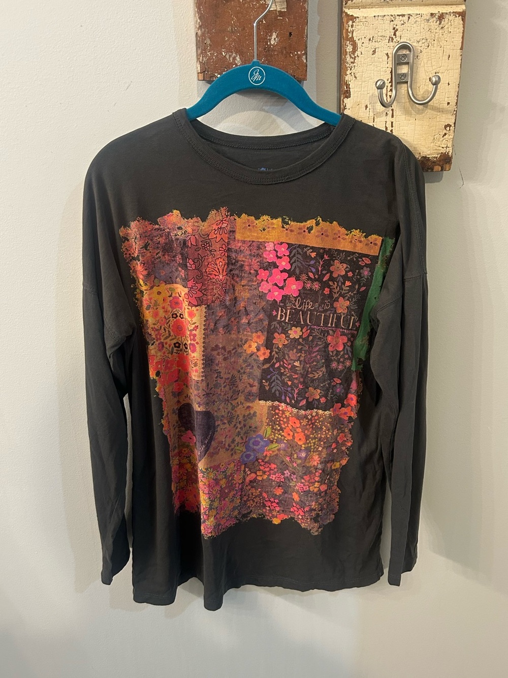 Natural Life “Life is Beautiful” Patchwork Print Long-sleeve Tee | Grey & Pink